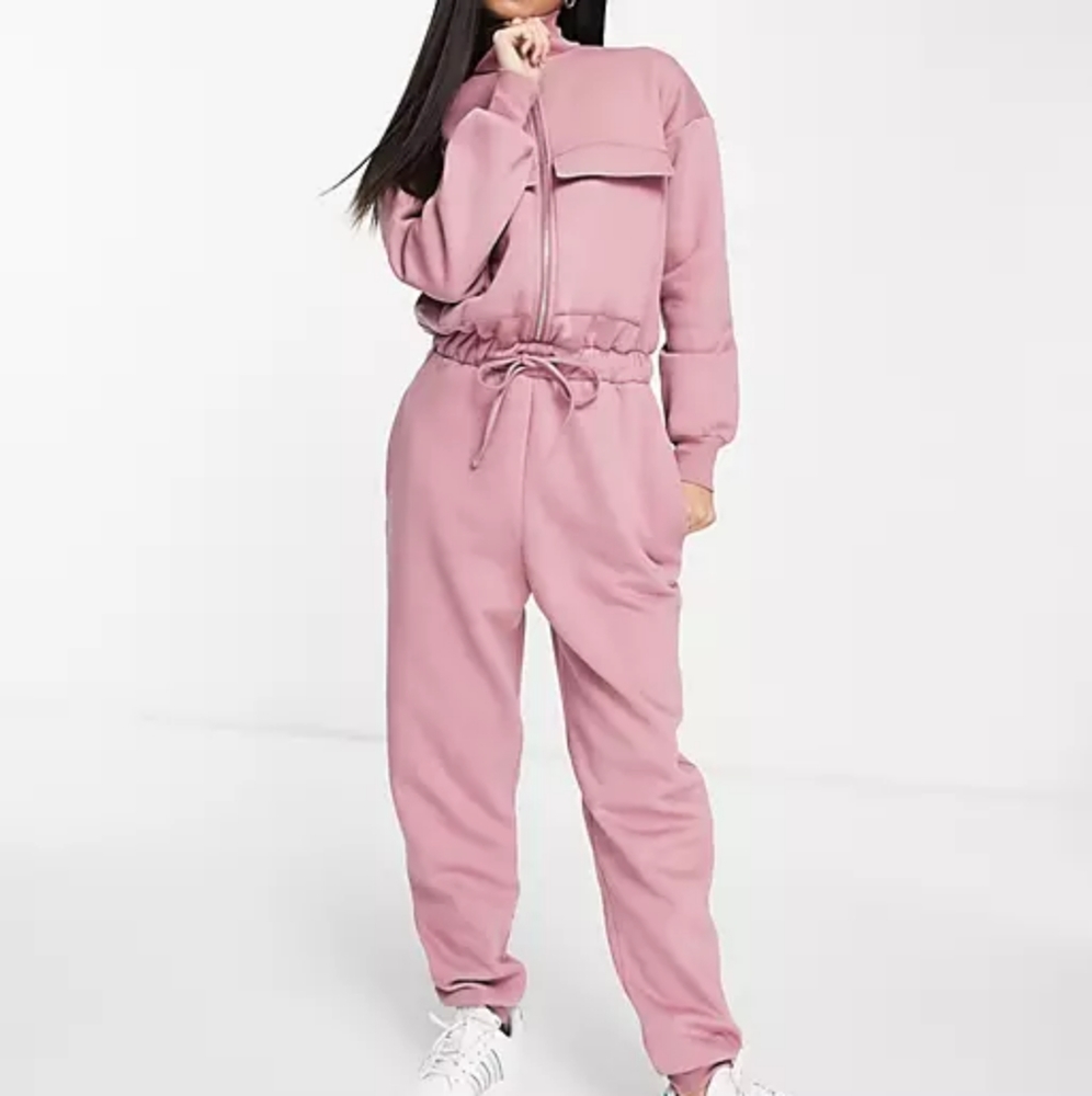ASOS DESIGN brushed fleece half zip sweatpants jumpsuit in dusky rose